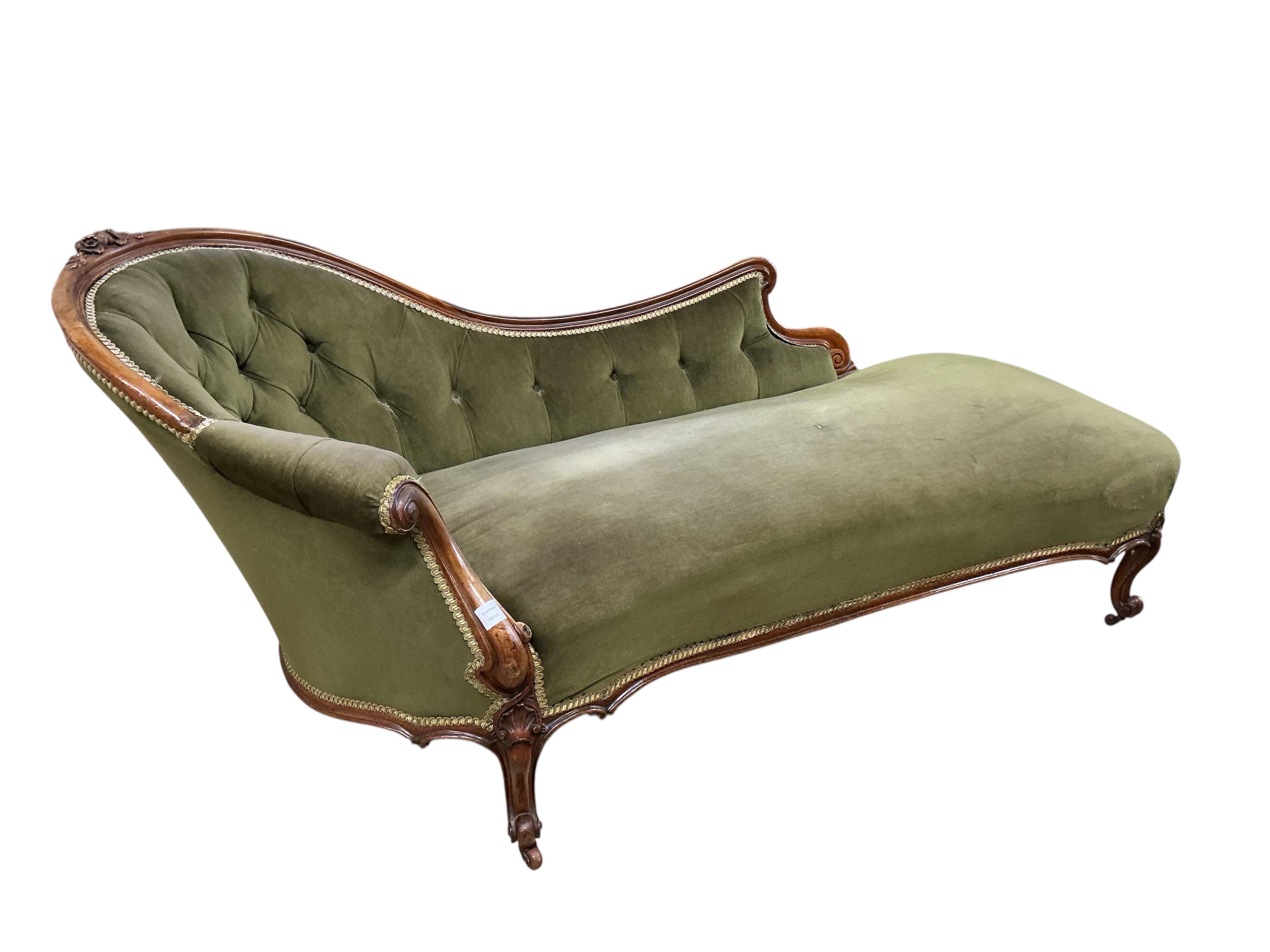 A Victorian upholstered mahogany chaise longue, width 184cm, depth 80cm, height 80cm